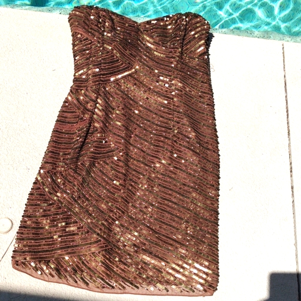 Adriana Pappell Bronze beaded strapless mini
